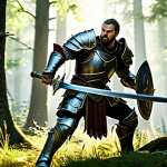 A powerful male fantasy warrior, fully clothed in sturdy, modest full-plate armor, wielding a two-handed sword, engaged in dynamic combat against multiple fantastical forest creatures in a dense, sun-dappled forest clearing. Professional game art, realistic rendering, sharp focus, vibrant colors, cinematic lighting, appropriate attire, safe for work, perfect anatomy, correct proportions, well-formed hands, natural body proportions, family-friendly.