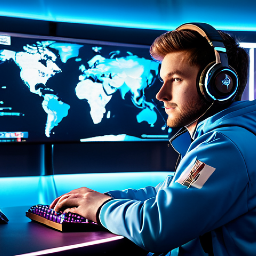 A focused professional gamer, appearing mid-twenties, wearing a modest, branded esports jacket and a professional headset. They are seated at a futuristic gaming desk, gazing at a vibrant holographic display that clearly presents a unique and rare in-game cosmetic reward, symbolizing their hard-earned achievement. The background is a clean, well-lit modern gaming studio, subtly illuminated with professional lighting. The overall image conveys dedication and the satisfaction of earning exclusive rewards. fully clothed, appropriate attire, safe for work, perfect anatomy, correct proportions, natural pose, well-formed hands, proper finger count, natural body proportions, professional photography, high quality, professional, modest, family-friendly.
