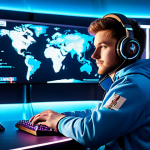 A focused professional gamer, appearing mid-twenties, wearing a modest, branded esports jacket and a professional headset. They are seated at a futuristic gaming desk, gazing at a vibrant holographic display that clearly presents a unique and rare in-game cosmetic reward, symbolizing their hard-earned achievement. The background is a clean, well-lit modern gaming studio, subtly illuminated with professional lighting. The overall image conveys dedication and the satisfaction of earning exclusive rewards. fully clothed, appropriate attire, safe for work, perfect anatomy, correct proportions, natural pose, well-formed hands, proper finger count, natural body proportions, professional photography, high quality, professional, modest, family-friendly.