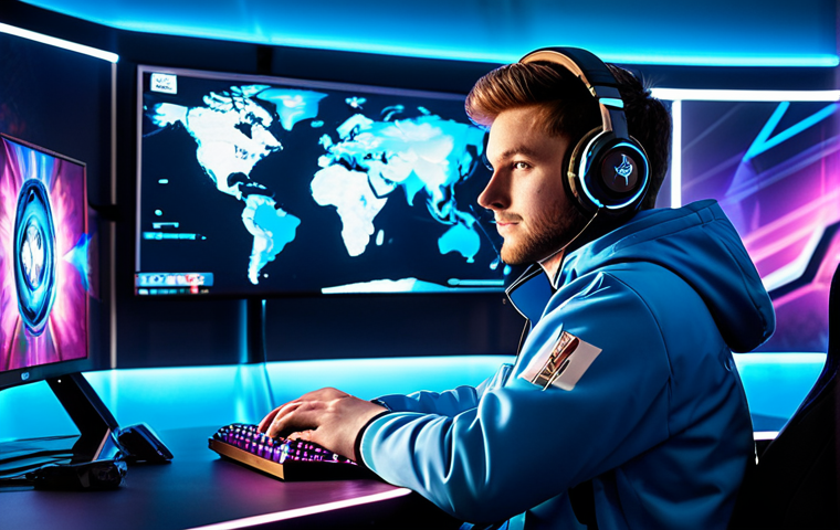 A focused professional gamer, appearing mid-twenties, wearing a modest, branded esports jacket and a professional headset. They are seated at a futuristic gaming desk, gazing at a vibrant holographic display that clearly presents a unique and rare in-game cosmetic reward, symbolizing their hard-earned achievement. The background is a clean, well-lit modern gaming studio, subtly illuminated with professional lighting. The overall image conveys dedication and the satisfaction of earning exclusive rewards. fully clothed, appropriate attire, safe for work, perfect anatomy, correct proportions, natural pose, well-formed hands, proper finger count, natural body proportions, professional photography, high quality, professional, modest, family-friendly.